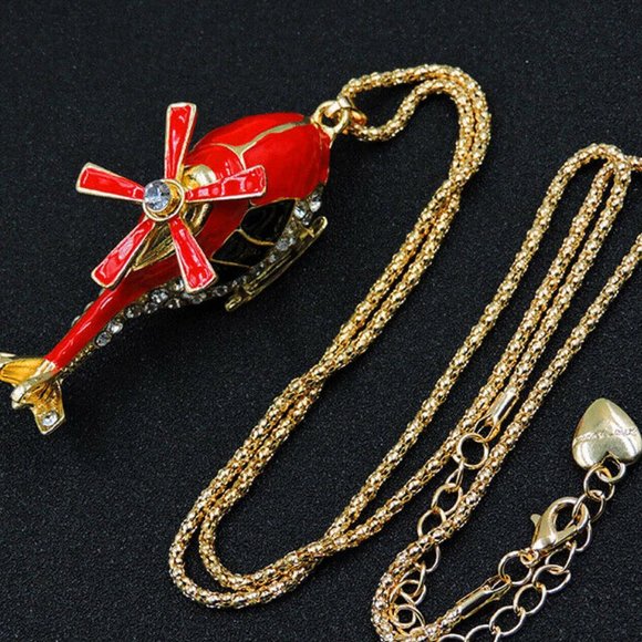 Cute Litle RED HELICOPTER with Moveable Blades and CLEAR CRYSTAL ACCENTS - Picture 2 of 2